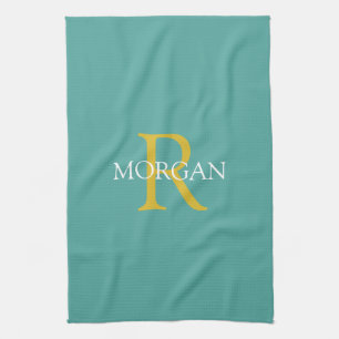 Trendy DIY Monogram & Name, Gold/White Text, Teal Kitchen Towel