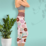 Trendy Donut with Sprinkles Pink Cute Modern Fun Capri Leggings<br><div class="desc">This whimsical donut pattern features my hand painted watercolor favorites of pink,  purple,  and pale blue doughnuts with sprinkles and chocolate brown eclairs on a pale pink background and a brown background with pink polka dots on the waistband for a colorful modern design.</div>
