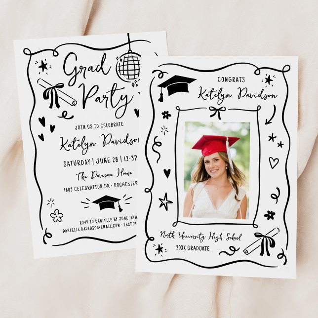 Trendy Doodle Graduation Party Photo Invitation (Creator Uploaded)