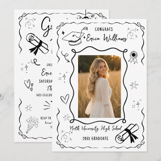 Trendy Doodle Graduation Party Photo Invitation