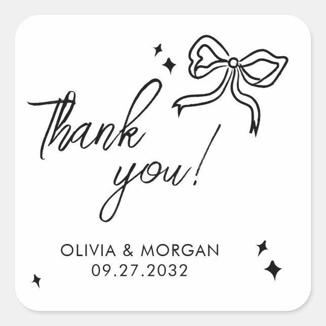 Trendy Doodle Ribbon Wedding Thank You Favor Square Sticker (Front)