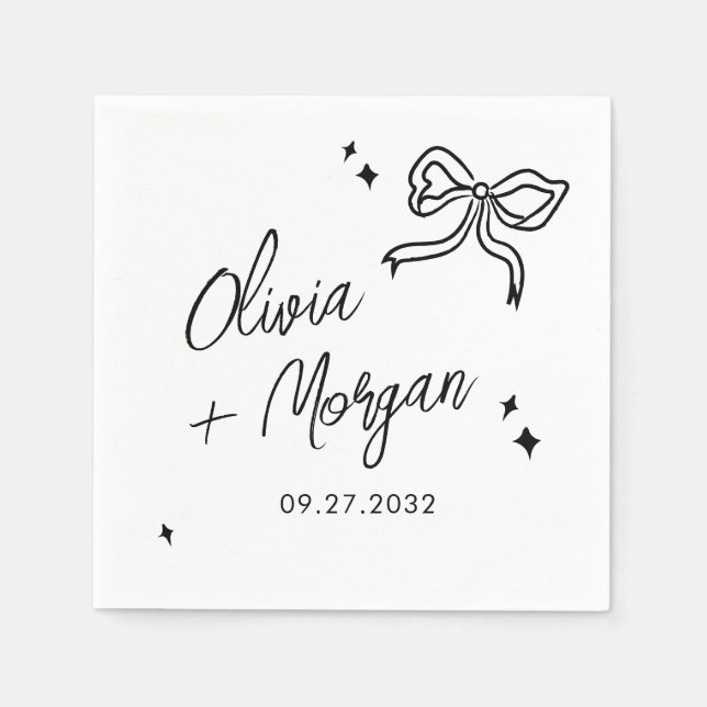 Trendy Doodle Script Ribbon Wedding Napkins (Front)