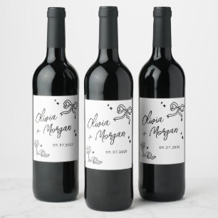 Trendy Doodle Script Ribbon Wedding Wine Label