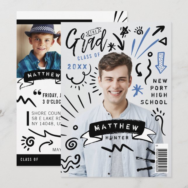 Trendy Doodle Sketch Magazine Cover Boy Grad Party Invitation (Front/Back)