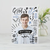 Trendy Doodle Sketch Magazine Cover Boy Grad Party Invitation (Standing Front)