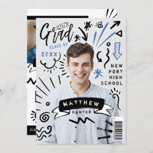 Trendy Doodle Sketch Magazine Cover Boy Grad Party Invitation