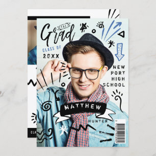 Trendy Doodle Sketch Magazine Cover Boy Grad Party Invitation