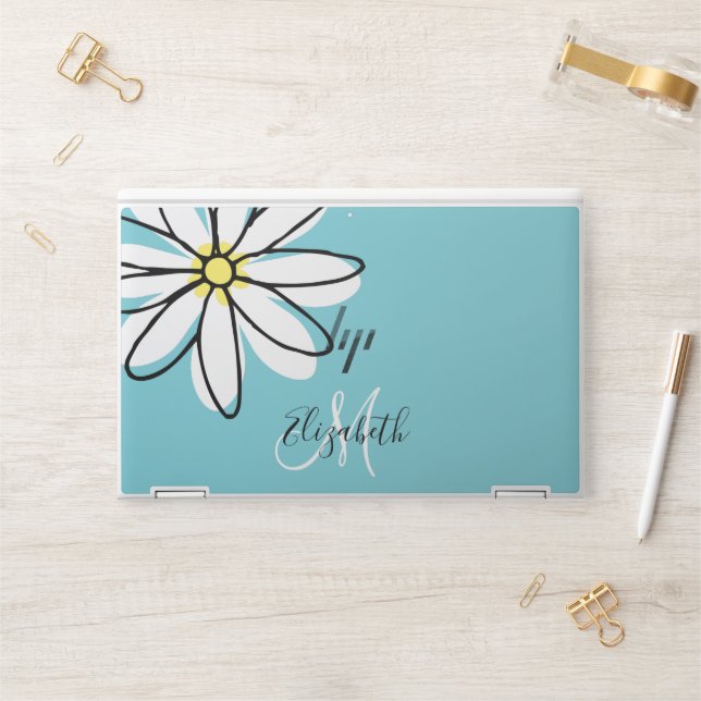 Trendy Doodle White Daisy Blue Monogram HP Laptop Skin (Desk)