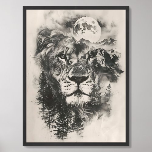 Trendy double exposure lion mountains and moon framed art