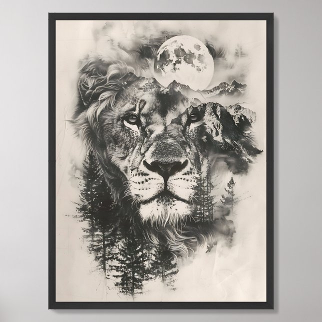 Trendy double exposure lion mountains and moon framed art (Framed Front)