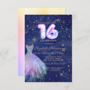 Trendy Dress Stars Navy Blue Holographic Sweet 16 Invitation