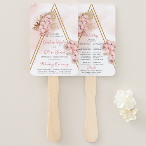 Trendy Dried Palm Blush Orchid Gold Arch Program Hand Fan
