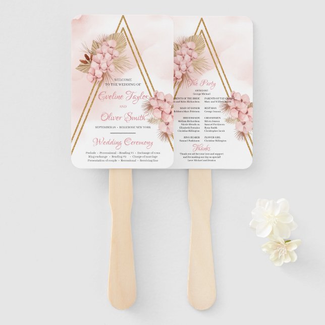 Trendy Dried Palm Blush Orchid Gold Arch Program Hand Fan (Front and Back)