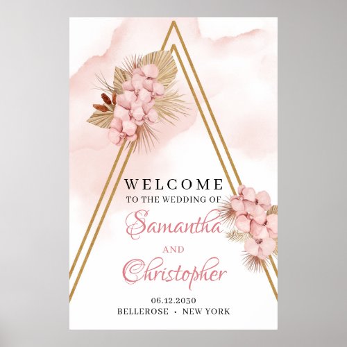 Trendy Dried Palm Blush Pink Wedding Welcome Sign