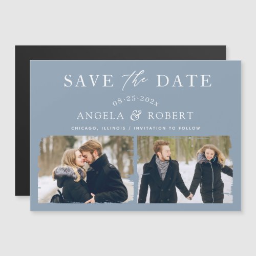 Trendy Dusty Blue 2 Photo Save the Date Magnet - Trendy Dusty Blue Brush Stroke 2 Photo Save the Date Magnetic Card