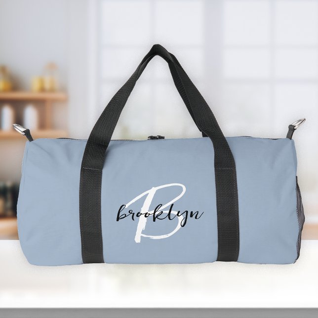 Trendy Dusty Blue Black White Script Monogram  Duffle Bag (Creator Uploaded)