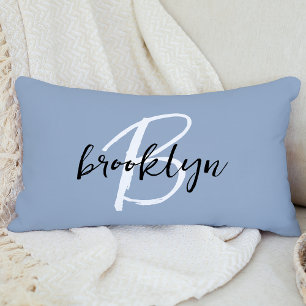 Trendy Dusty Blue Black White Script Monogram Lumbar Pillow