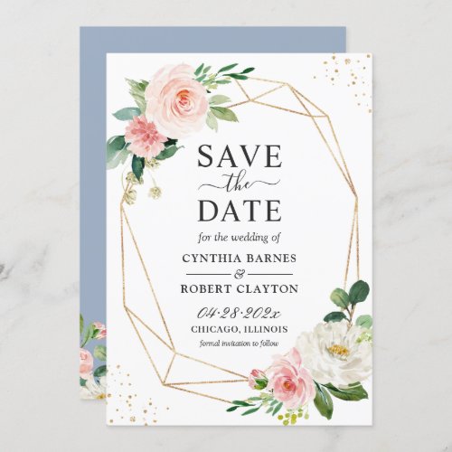 Trendy Dusty Blue Blush Pink Floral Gold Geometric Save The Date