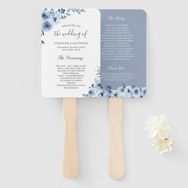 Trendy Dusty Blue Bohemian Floral Wedding Program Hand Fan (Front and Back)