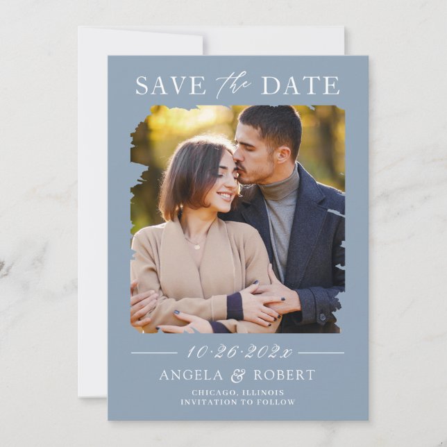 Trendy Dusty Blue Brush Stroke Photo Frame Wedding Save The Date (Front)