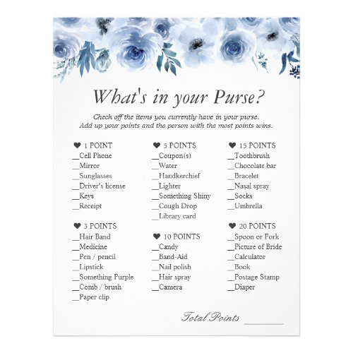 Trendy Dusty Blue Floral What's In Your Purse Game Flyer - Customize this "Elegant Dusty Blue Floral What's In Your Purse Game Flyer" to perfectly match your colors and theme. For further customization, please click the "customize further" link and use our design tool to modify this template. If you need help or matching items, please contact me.