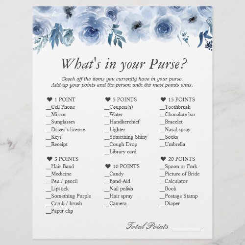 Trendy Dusty Blue Floral Whats In Your Purse Game Flyer