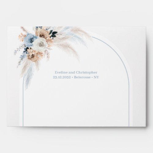 Trendy dusty blue flowers beige roses arch envelope