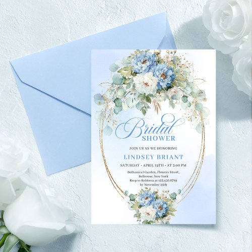 Trendy Dusty Blue Flowers Gold Bridal Shower Card