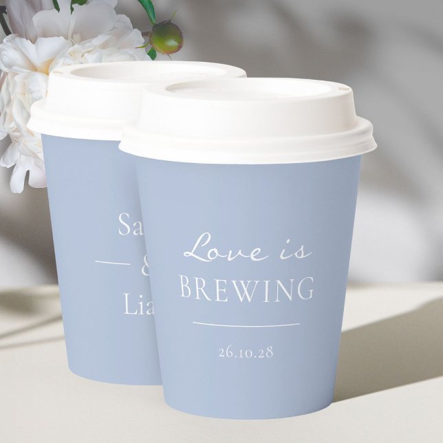 Trendy Dusty Blue Minimalistic Love is Brewing Paper Cups (Creator Uploaded)
