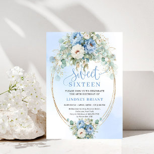 Trendy Dusty Blue Peonies Gold Sweet Sixteen Party Invitation