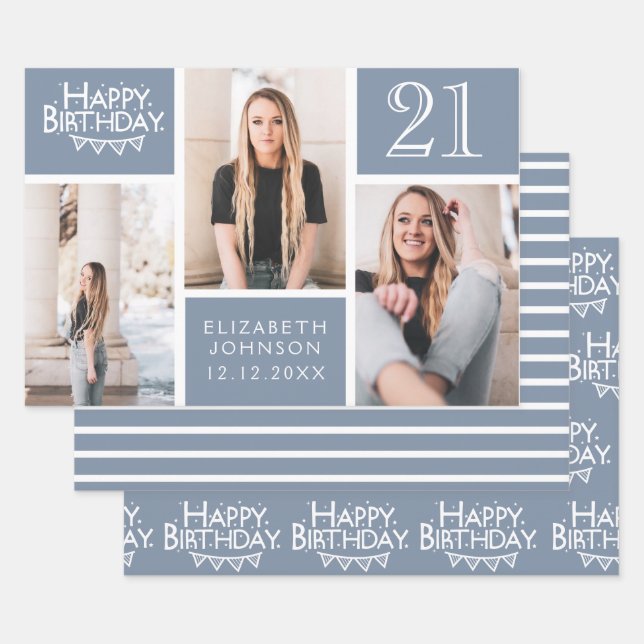 Trendy Dusty Blue Photo Collage 21st Birthday  Wrapping Paper Sheets (Set)