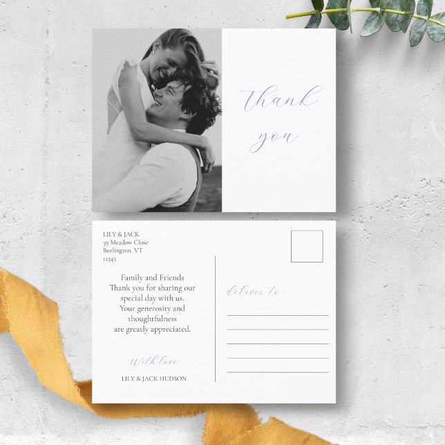 Trendy Dusty Blue Script Photo Wedding Thank You Postcard (Creator Uploaded)