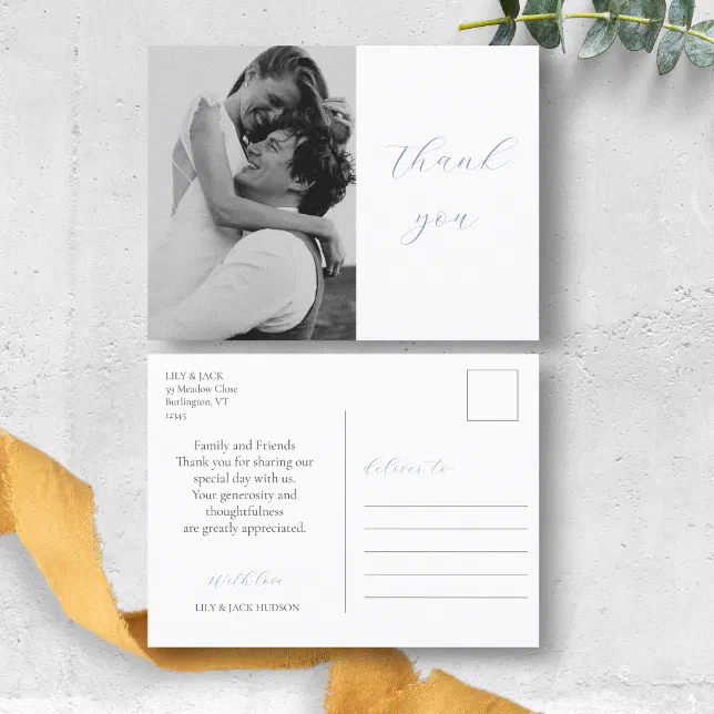 Trendy Dusty Blue Script Photo Wedding Thank You Postcard | Zazzle