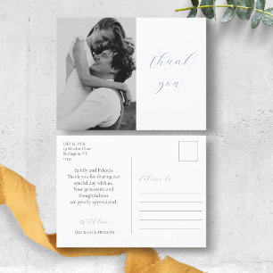 Trendy Dusty Blue Script Photo Wedding Thank You Postcard