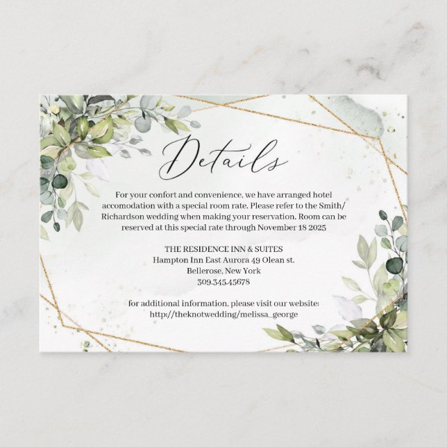 Trendy dusty green eucalyptus foliage gold details enclosure card (Front)