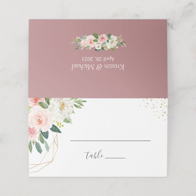 Trendy Dusty Rose Blush Pink Floral Wedding Place Card (Outside Unfolded)