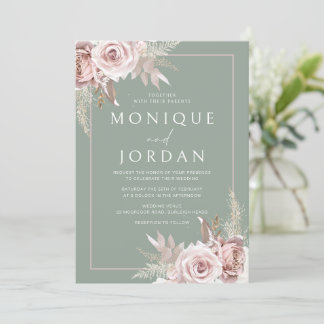 Trendy Dusty Rose Blush & Sage Wedding Invitation
