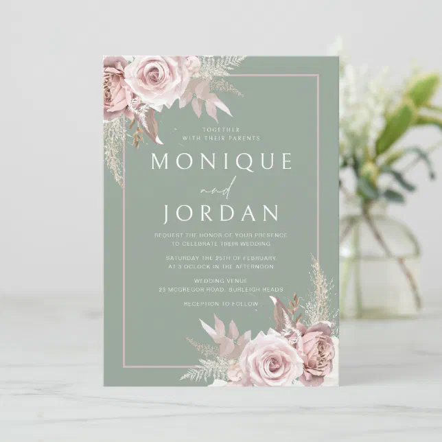 Trendy Dusty Rose Blush & Sage Wedding Invitation | Zazzle