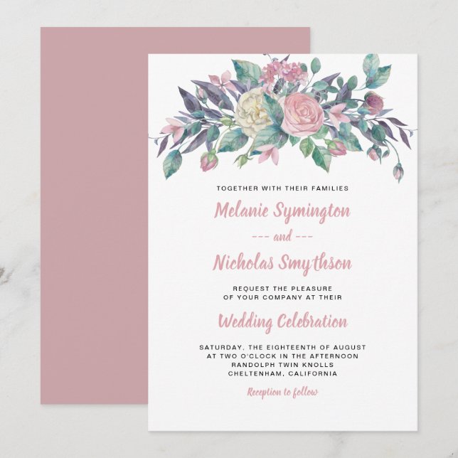 Trendy Dusty Rose Floral wedding invitations (Front/Back)