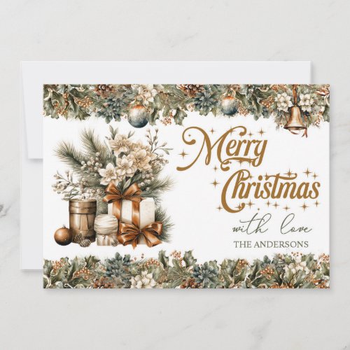 Trendy earthy tones greenery and gold present holiday card