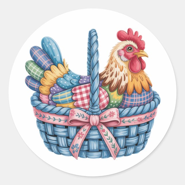 Trendy Easter Chicken Hen Patchwork PNG, Floral Re Classic Round Sticker (Front)