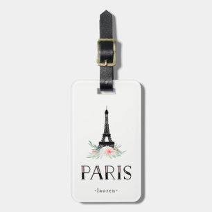 Trendy Eiffel Tower and Blush Pink Flowers Paris Luggage Tag