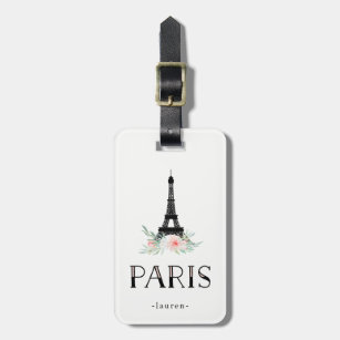 Trendy Eiffel Tower and Blush Pink Flowers   Paris Luggage Tag