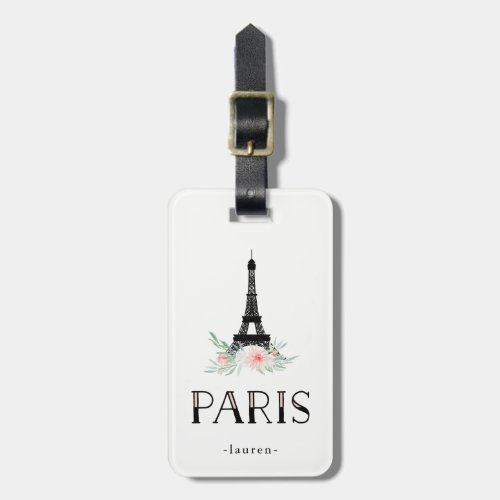 Trendy Eiffel Tower and Blush Pink Flowers  Paris Luggage Tag