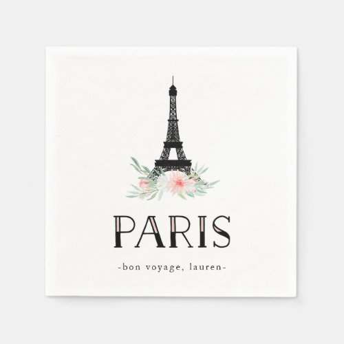 Trendy Eiffel Tower and Blush Pink Flowers  Paris Paper Napkins