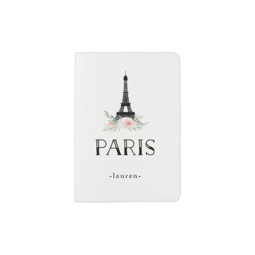 Trendy Eiffel Tower and Blush Pink Flowers  Paris Passport Holder