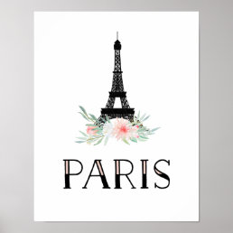Trendy Eiffel Tower and Blush Pink Flowers | Paris Poster