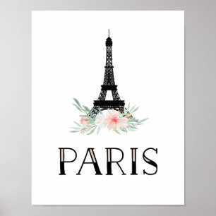 Trendy Eiffel Tower and Blush Pink Flowers Paris Poster