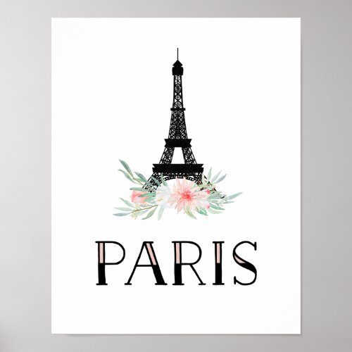 Trendy Eiffel Tower and Blush Pink Flowers  Paris Poster