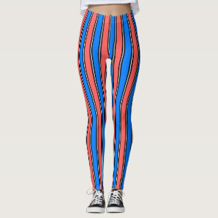 Trendy Electric Blue And Coral Vertical Striped Leggings